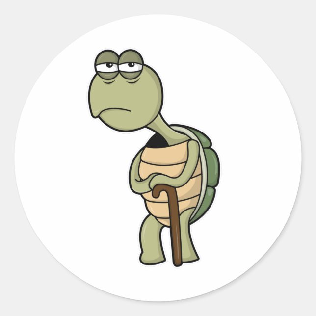 Turtle with Shell & Walking stick Classic Round Sticker (Front)