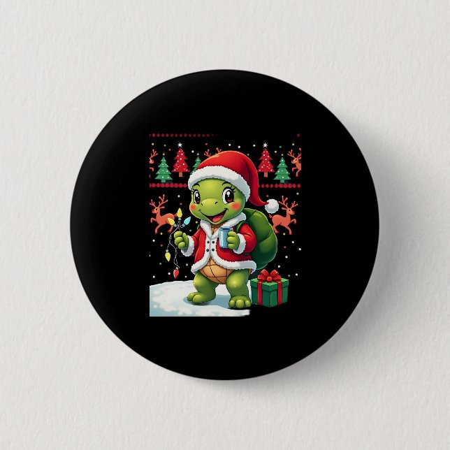 Turtle Xmas Lights Ugly Santa Turtle Christmas Tan Button (Front)