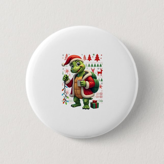 Turtle Xmas Lights Ugly Santa Turtle Christmas Tan Button (Front)