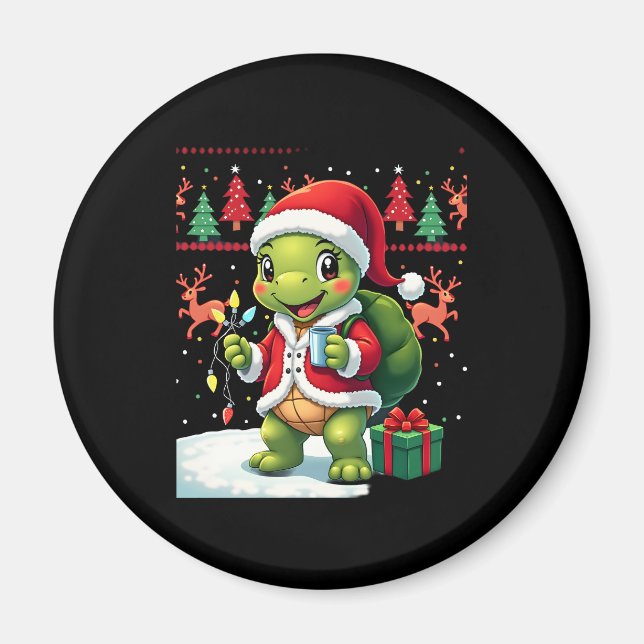 Turtle Xmas Lights Ugly Santa Turtle Christmas Tan Magnet (Front)