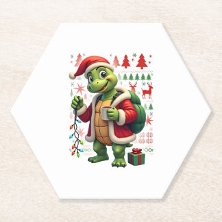 Turtle Xmas Lights Ugly Santa Turtle Christmas Tan Paper Coaster