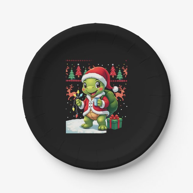 Turtle Xmas Lights Ugly Santa Turtle Christmas Tan Paper Plates (Front)