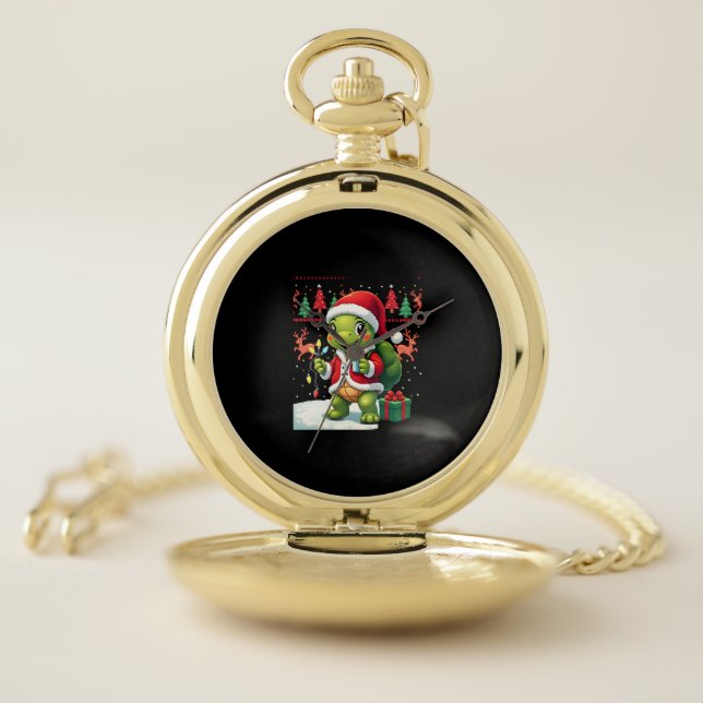 Turtle Xmas Lights Ugly Santa Turtle Christmas Tan Pocket Watch (Inside)