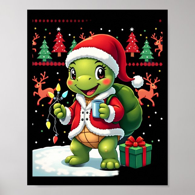 Turtle Xmas Lights Ugly Santa Turtle Christmas Tan Poster (Front)