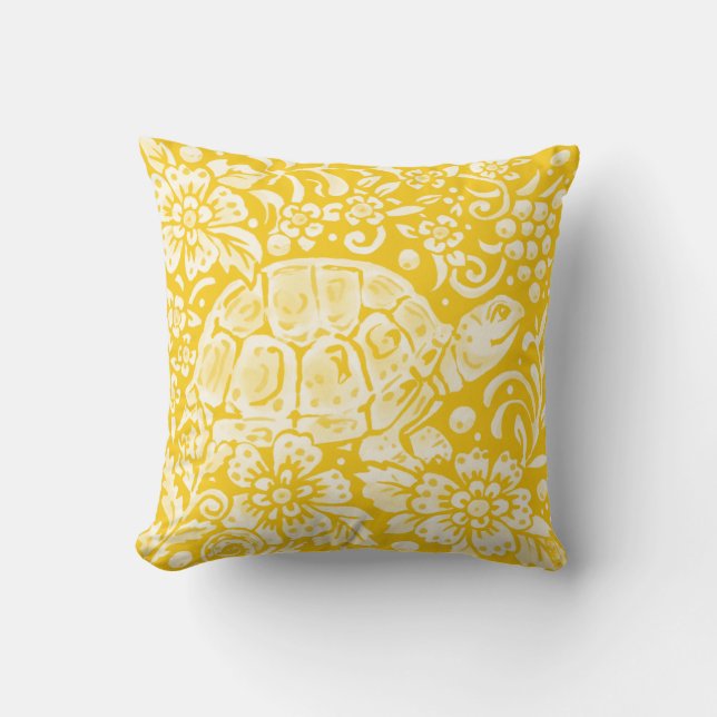 Turtle Yellow Woodland Animal Floral Whimsical Throw Pillow (Front)