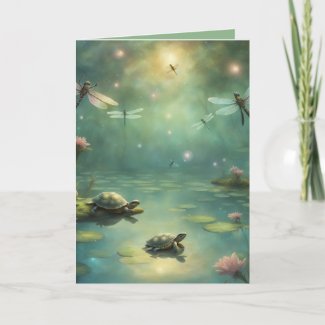 Turtles and Dragon Flies on a pond Birthday