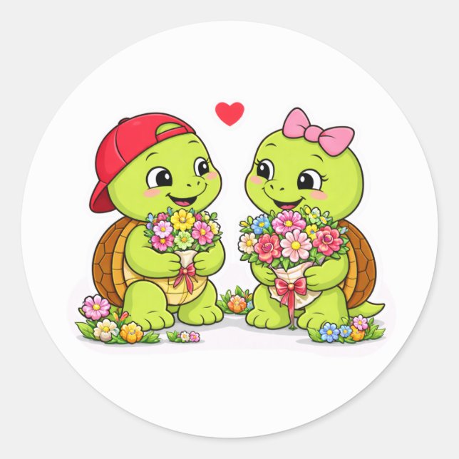 Turtles and flowers in sweet harmony classic round sticker (Front)