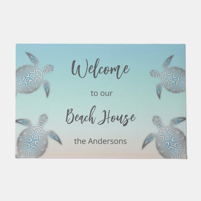 Turtles Beach House Family Monogram Turquoise Doormat (Front)