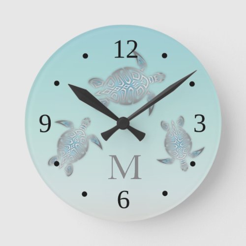 Turtles Beach Style  Silver Turquoise Monogram Round Clock