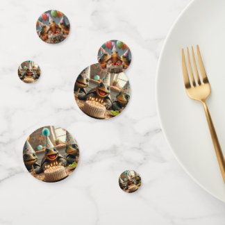 Turtles celebrating birthday with cake and hats confetti