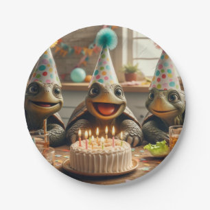 Turtles celebrating birthday with cake and hats In Paper Plates