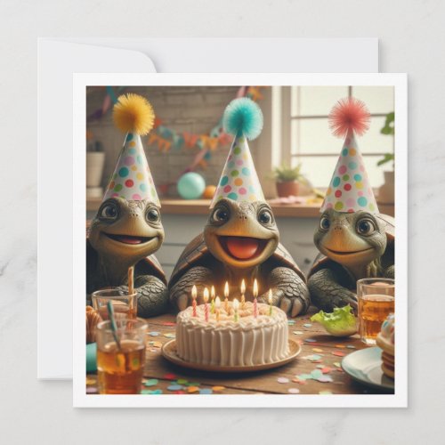 Turtles celebrating birthday with cake and hats invitation