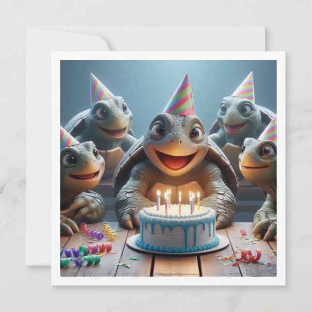 Turtles celebrating birthday with cake and hats invitation (Front)