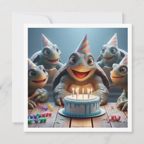 Turtles celebrating birthday with cake and hats invitation