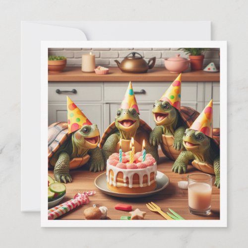 Turtles celebrating birthday with cake and hats invitation