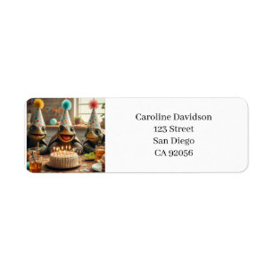 Turtles celebrating birthday with cake and hats label