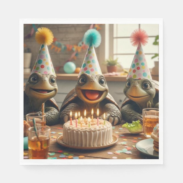 Turtles celebrating birthday with cake and hats  napkins (Front)