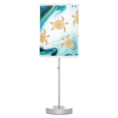 Turtles Ink Marble Gold Turquoise White Coastal Table Lamp