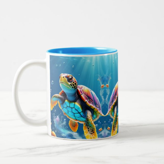 Turtle's Journey Through a Sparkling Jelly Ocean Two-Tone Coffee Mug (Left)