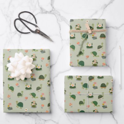 Turtles &amp; Lily Pads on Gin Green Wrapping Paper Sheets