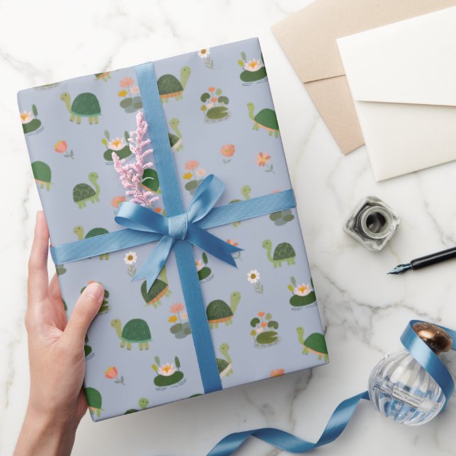 Turtles & Lily Pads on Light Blue Wrapping Paper (Gifting)