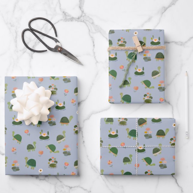 Turtles & Lily Pads on Light Blue Wrapping Paper Sheets (Front)