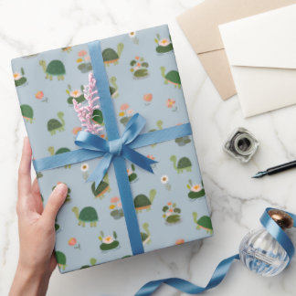 Turtles & Lily Pads on Pale Gray-Blue Wrapping Paper