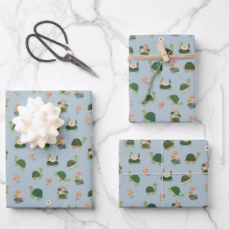 Turtles & Lily Pads on Pale Gray-Blue Wrapping Paper Sheets