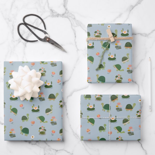 Turtles & Lily Pads on Pale Gray-Blue Wrapping Paper Sheets (Front)