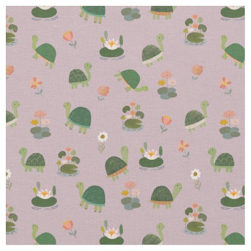 Turtles & Lily Pads on Pastel Gray-Pink Fabric