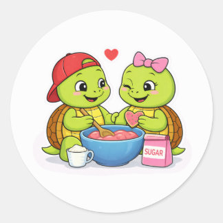 Turtles making heart-shaped cookies classic round sticker