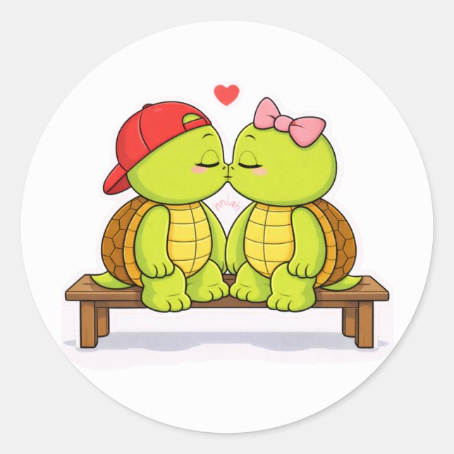 Turtles sharing a sweet kiss classic round sticker (Front)