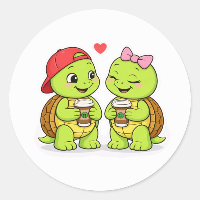 Turtles sharing coffee and smiles classic round sticker (Front)
