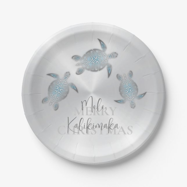 Turtles Silver | Mele Kalikimaka | Christmas Paper Plates (Front)