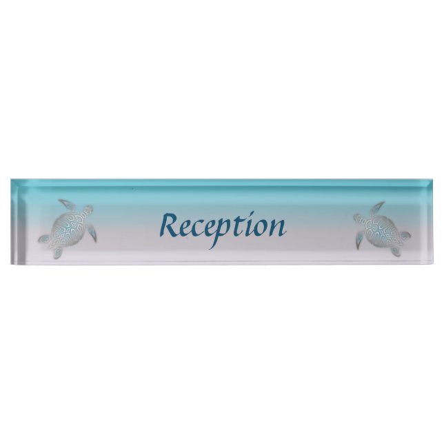 Turtles Silver Turquoise Coastal Reception Desk Name Plate (Front)