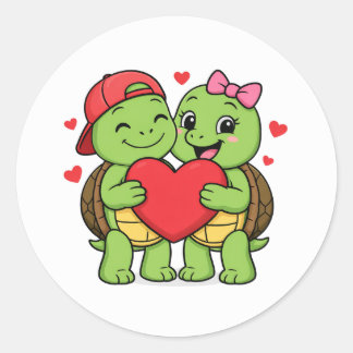 Turtles with heart in hand classic round sticker