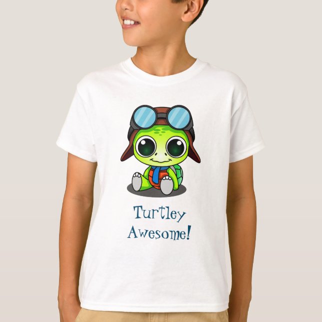 Turtley Awesome Cute Cartoon Turtle in Aviator Hat T-Shirt (Front)