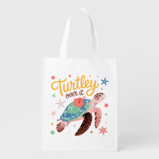 Turtley Over It Cute Sea Turtle Tropical Design Grocery Bag