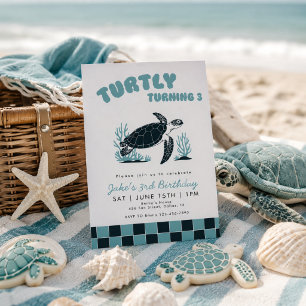 Turtly Turning 3 Turtle Blue Check 3rd Birthday  Invitation