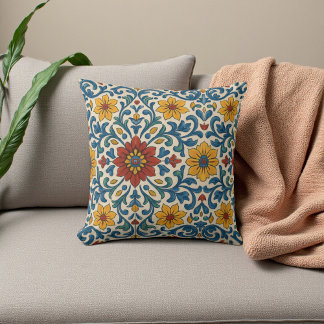 Tuscan Blue and White Floral Botanical Summer Boho Throw Pillow