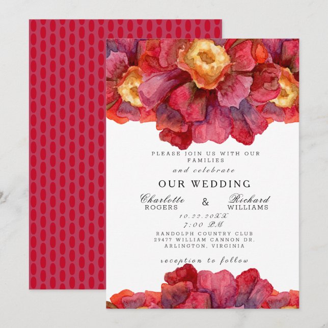 Tuscan Bold and Vibrant Red Floral Wedding Invitation (Front/Back)