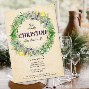 Tuscan Botanical Wreath Lemon Herbs Bridal Shower Invitation