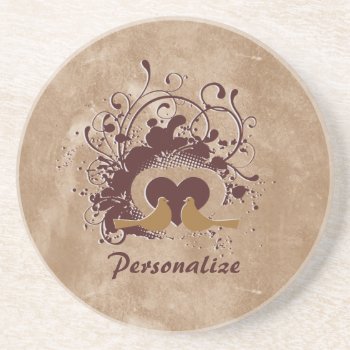 Tuscan Brown Love Birds With Name Drink Coaster by PhotographyTKDesigns at Zazzle