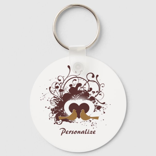 Tuscan Brown Love Birds With Name Keychain (Front)