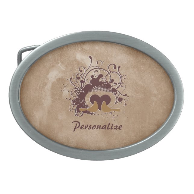 Tuscan Brown Love Birds With Name Oval Belt Buckle (Front)