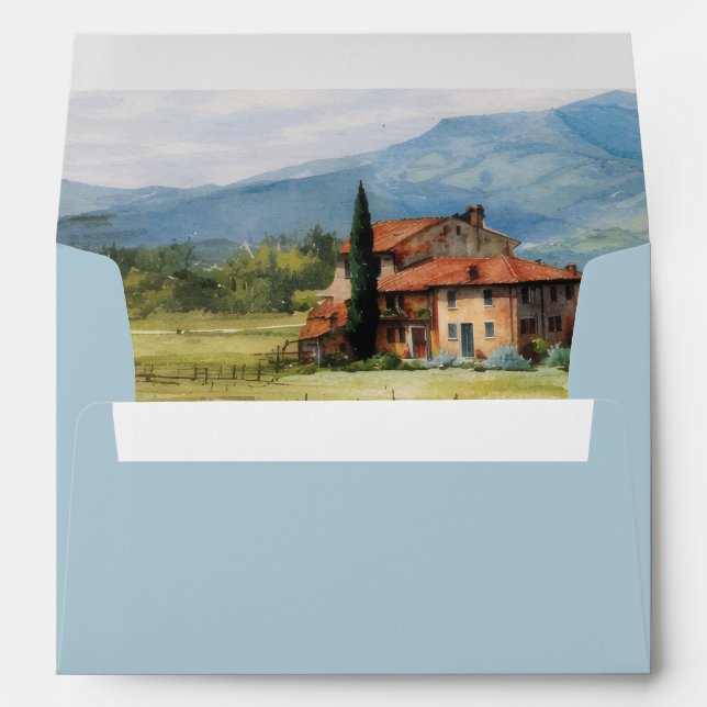 Tuscan Countryside Landscape Pastel Blue Wedding  Envelope (Back (Bottom))