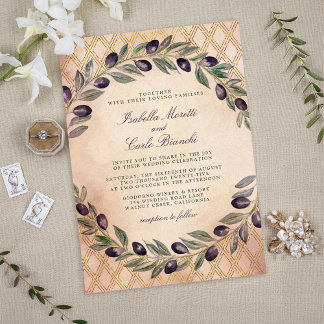 Tuscan Gold Lattice and Olive Branches Wedding Invitation