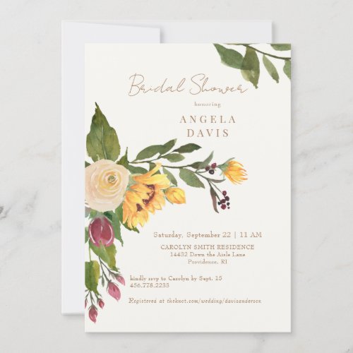 Tuscan Golden Sunflower Floral Cream Bridal Shower Invitation