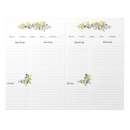 Tuscan Herbs Lemons Mini Binder Recipe Pages Notepad