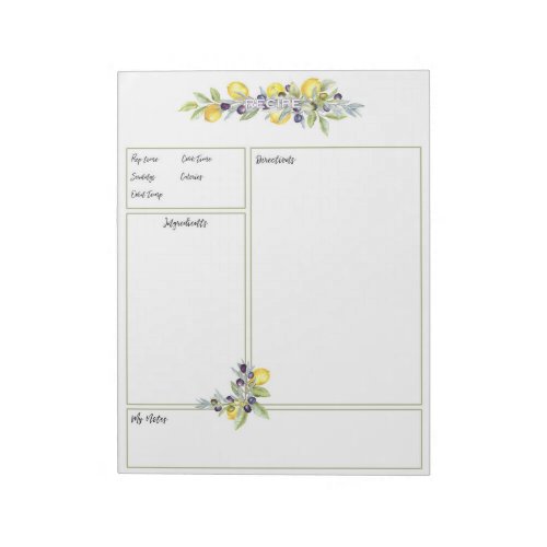 Tuscan Herbs Lemons Unlined Recipe Pages Notepad